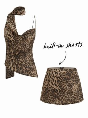NWT Cider COWL NECK RUCHED LEOPARD CAMI TOP WITH SCARF & MID RISE MINI SKORT SET